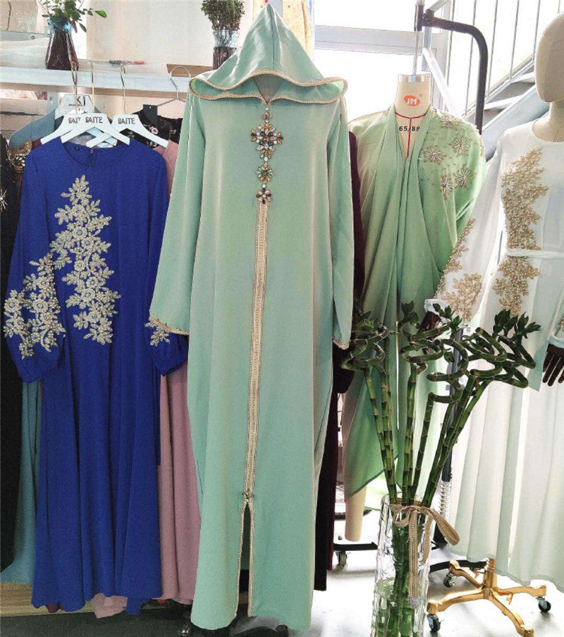 Avocado Green Hooded Moroccan Robe Dress