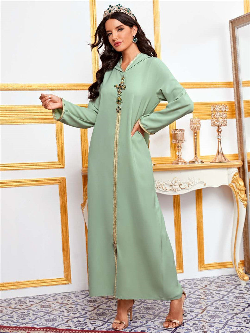 Avocado Green Hooded Moroccan Robe Dress
