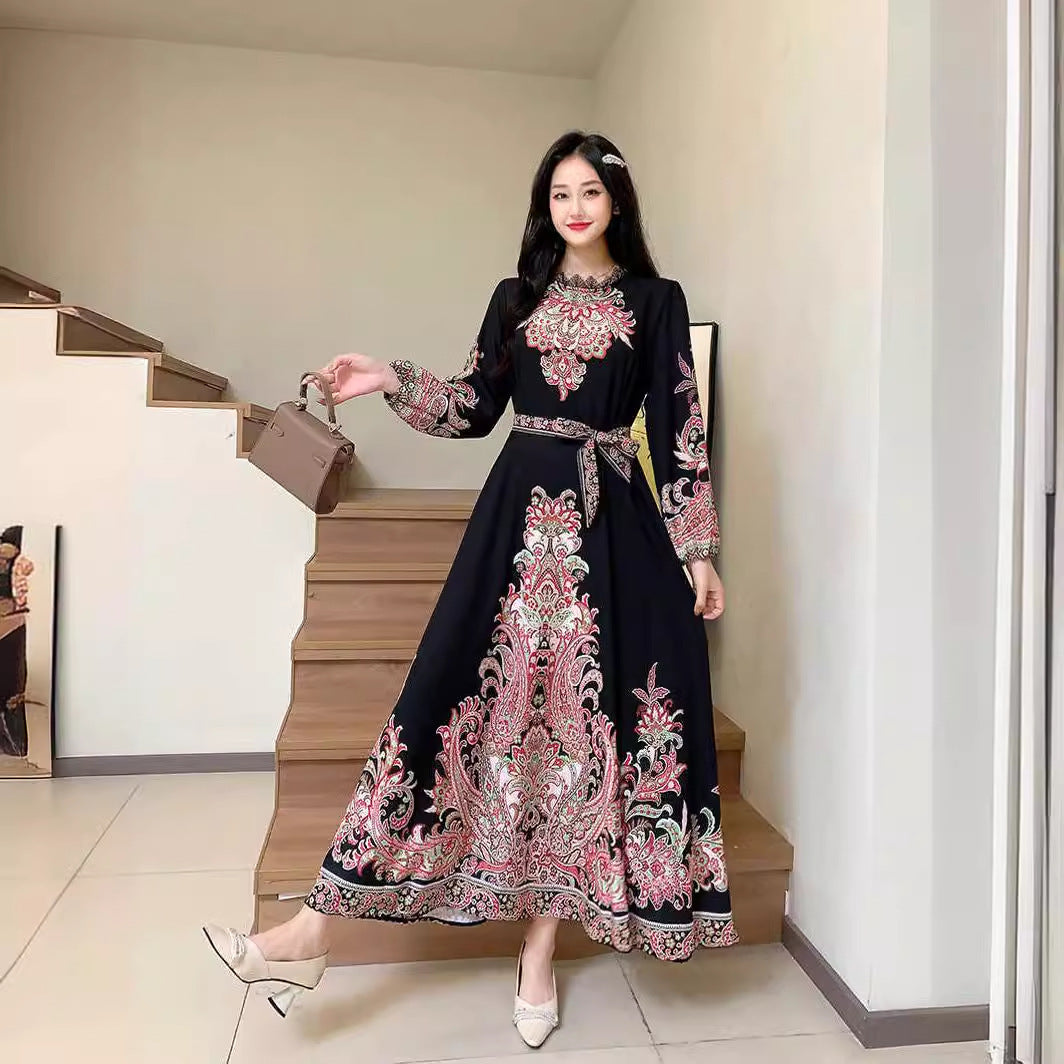 Long Vintage Printed Wide Swing Dress