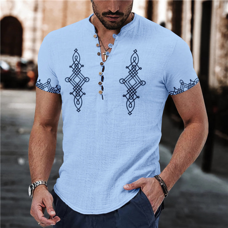 Short Sleeve 7 Buckle Stand Collar Shirt