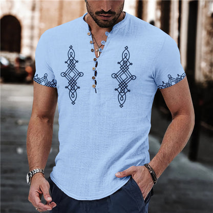 Short Sleeve 7 Buckle Stand Collar Shirt