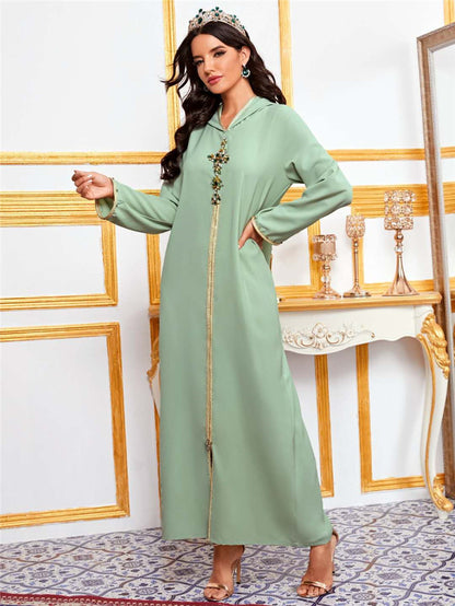 Avocado Green Hooded Moroccan Robe Dress