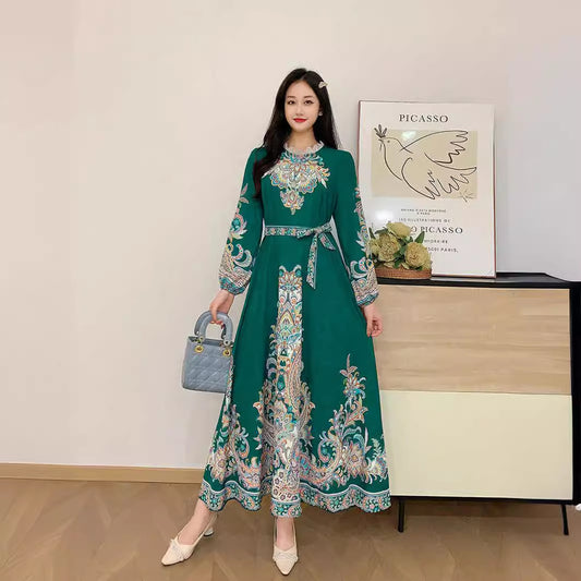 Long Vintage Printed Wide Swing Dress