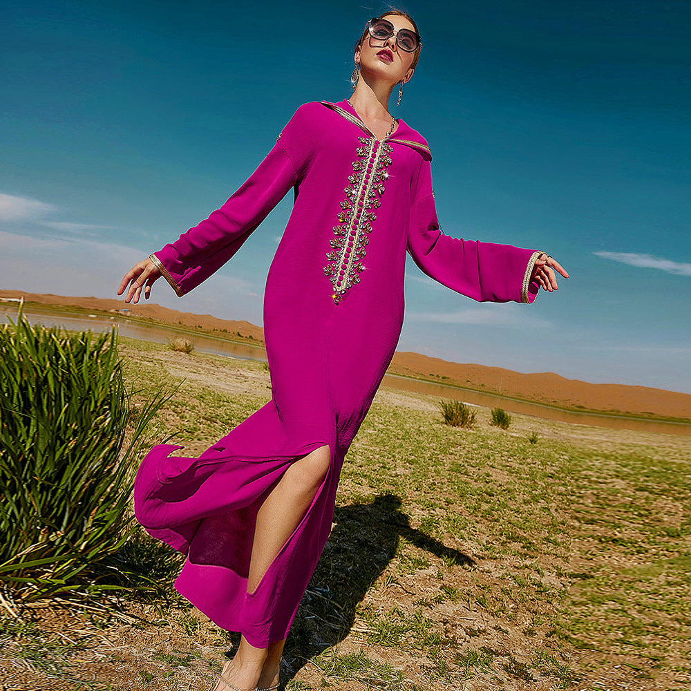 Rose Red Hooded Middle East Moroccan Dress