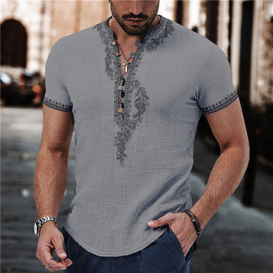 Short Sleeve 7 Buckle Stand Collar Shirt