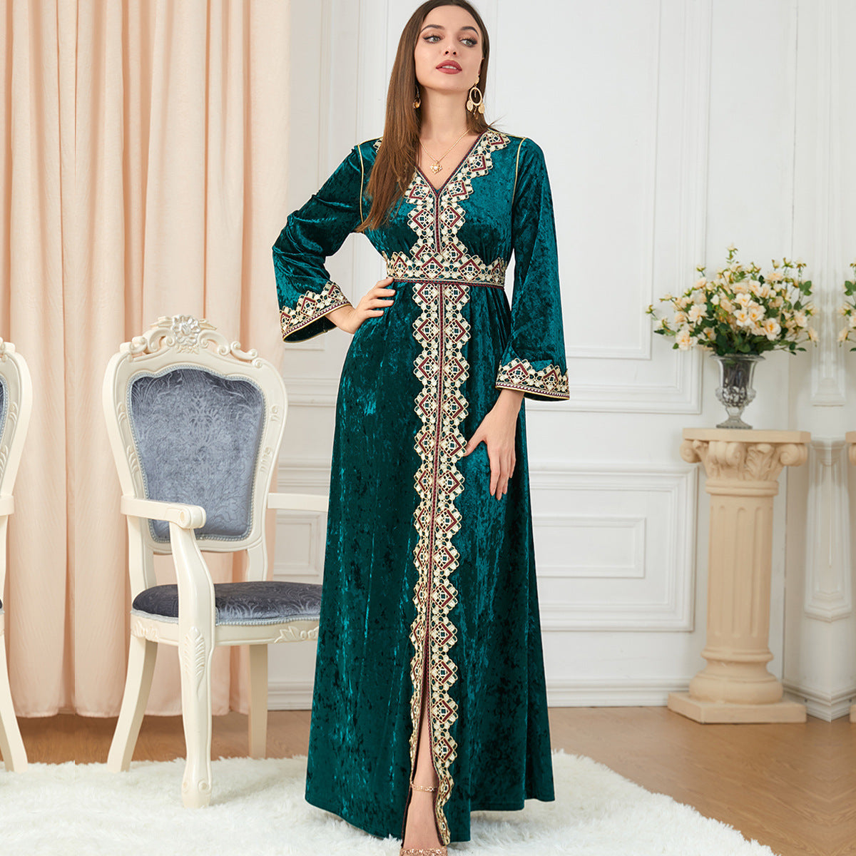 Long-sleeved Slim Canary Velvet Dress
