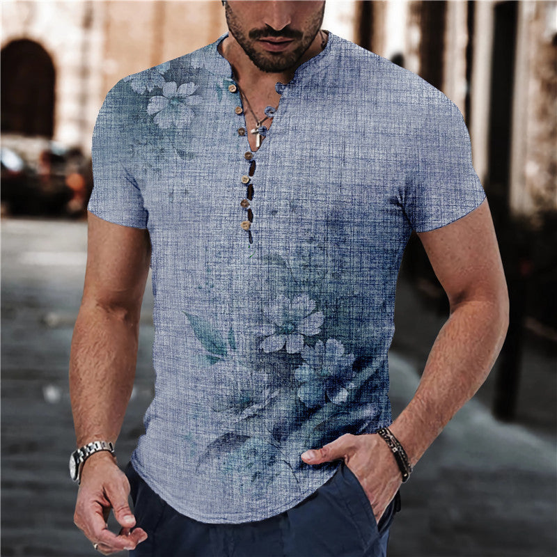Short Sleeve 7 Buckle Stand Collar Shirt