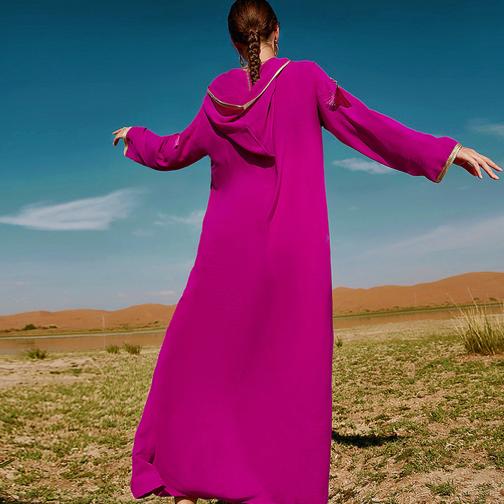 Rose Red Hooded Middle East Moroccan Dress