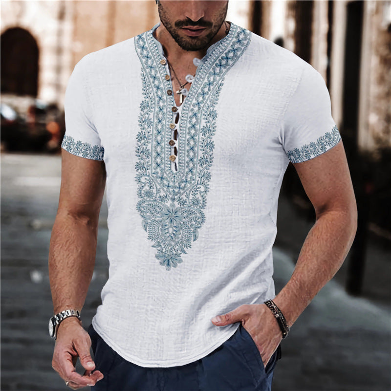 Short Sleeve 7 Buckle Stand Collar Shirt