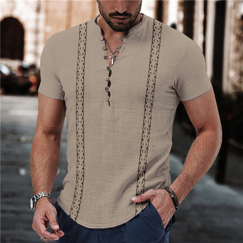 Short Sleeve 7 Buckle Stand Collar Shirt