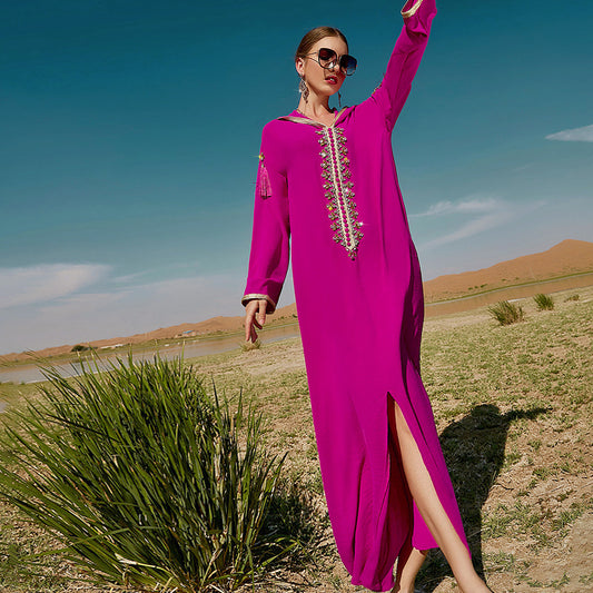 Rose Red Hooded Middle East Moroccan Dress
