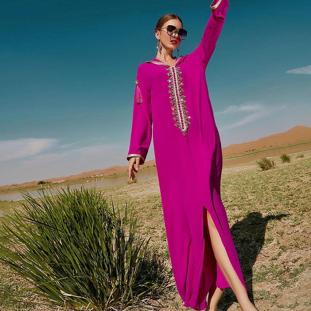 Rose Red Hooded Middle East Moroccan Dress