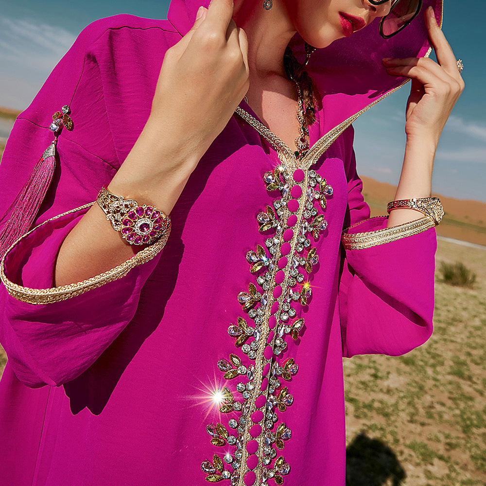 Rose Red Hooded Middle East Moroccan Dress