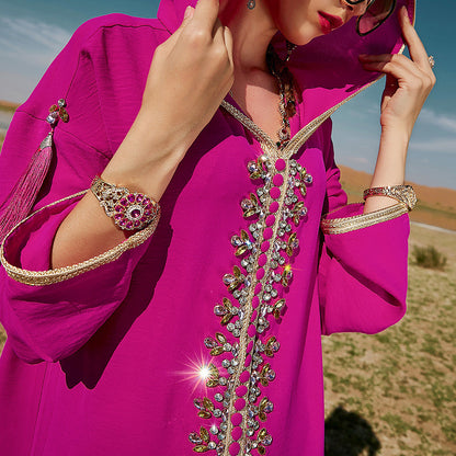 Rose Red Hooded Middle East Moroccan Dress