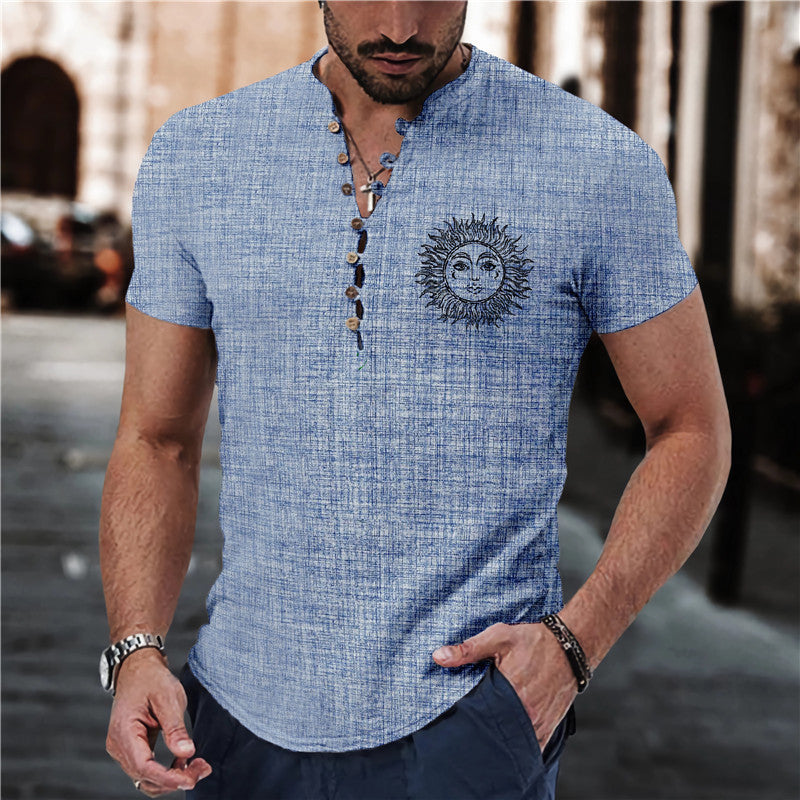 Short Sleeve 7 Buckle Stand Collar Shirt