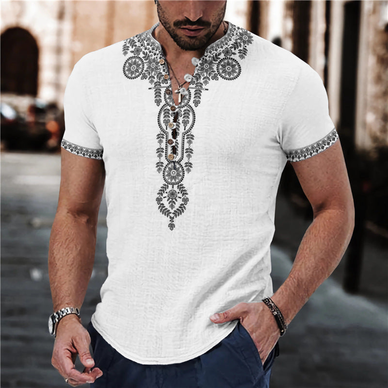 Short Sleeve 7 Buckle Stand Collar Shirt