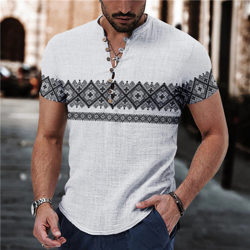 Short Sleeve 7 Buckle Stand Collar Shirt