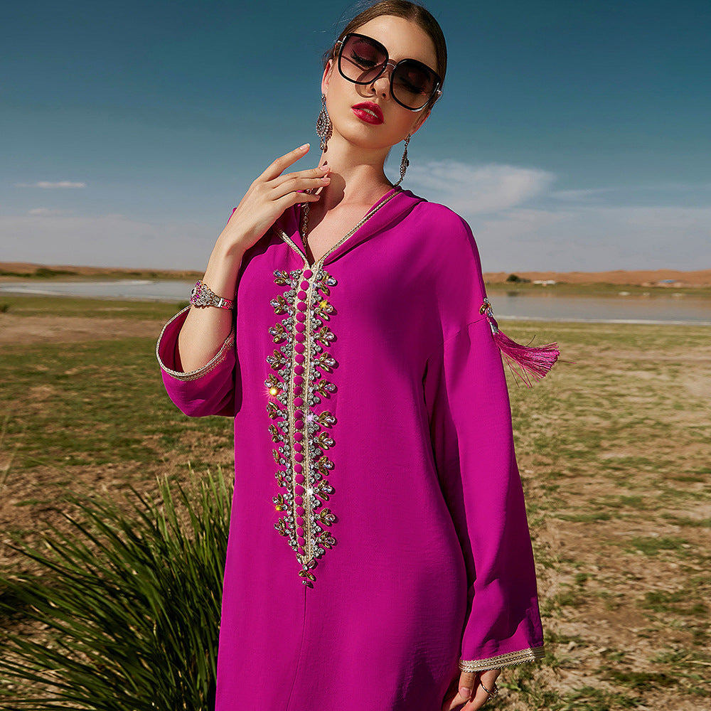 Rose Red Hooded Middle East Moroccan Dress