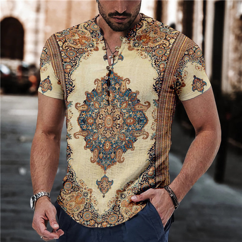 Short Sleeve 7 Buckle Stand Collar Shirt