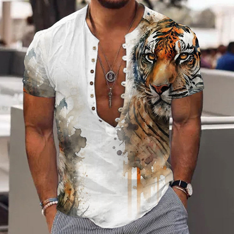 Short Sleeve 7 Buckle Stand Collar Shirt