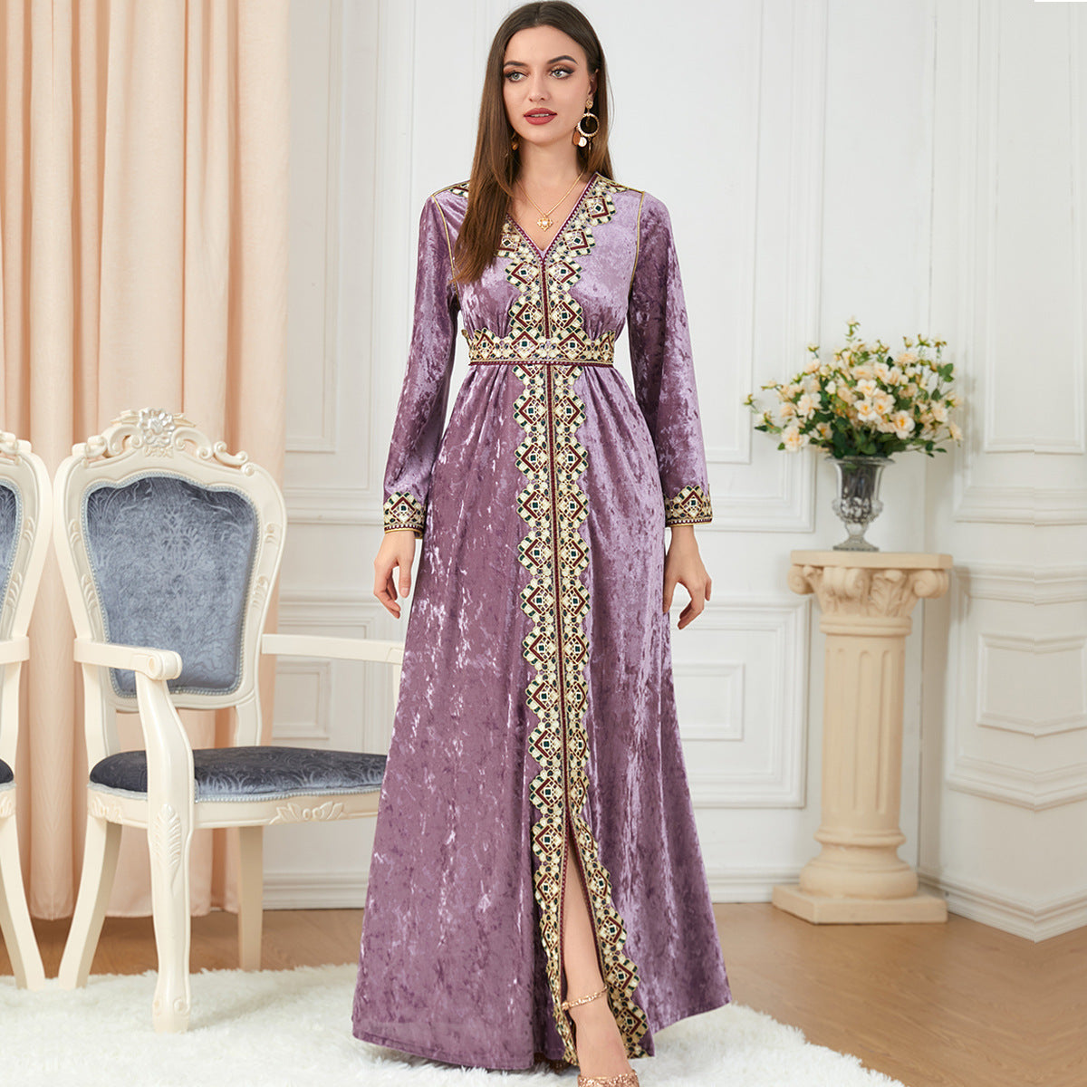Long-sleeved Slim Canary Velvet Dress