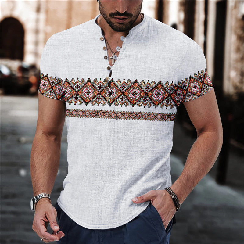 Short Sleeve 7 Buckle Stand Collar Shirt