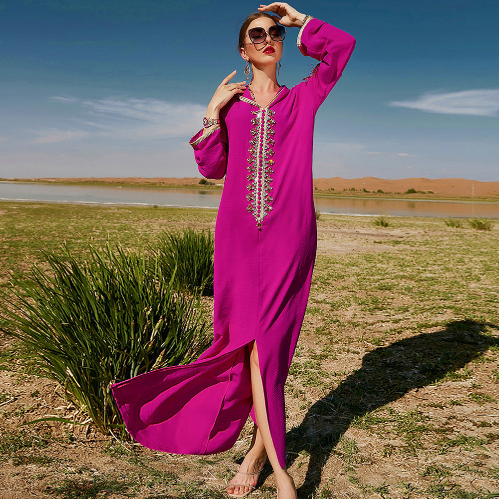 Rose Red Hooded Middle East Moroccan Dress