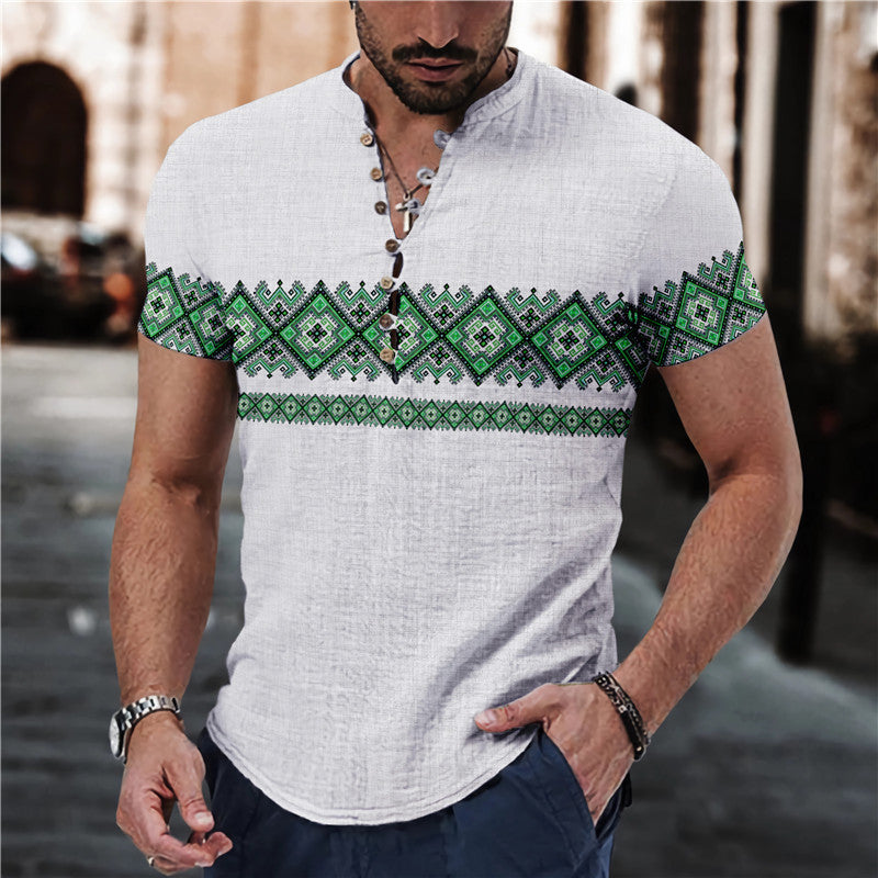 Short Sleeve 7 Buckle Stand Collar Shirt