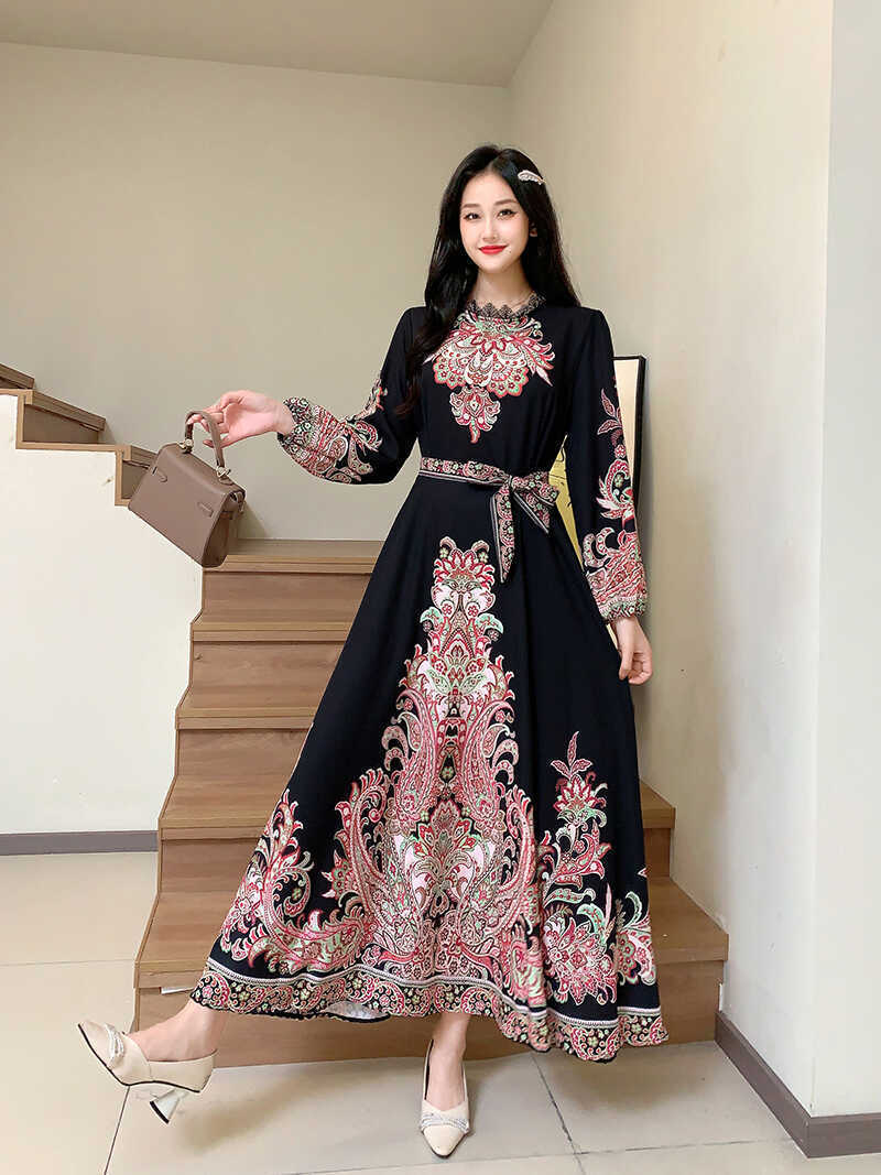 Long Vintage Printed Wide Swing Dress